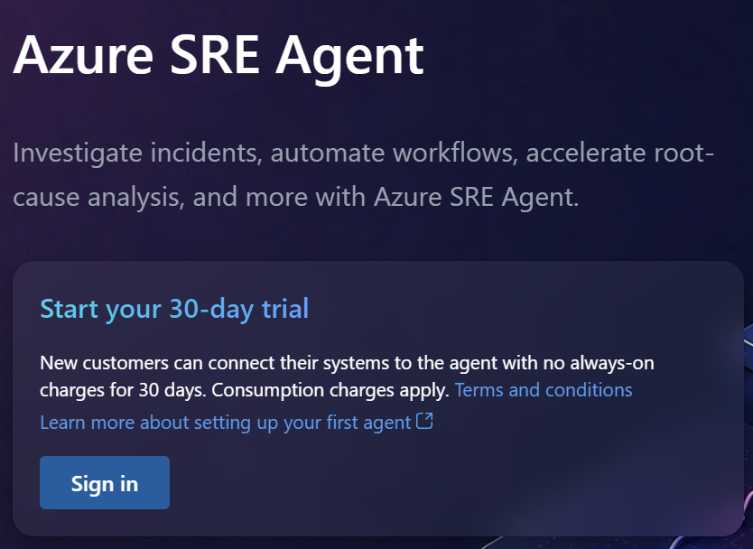 Azure SRE Agent Welcome Screen - sre.azure.com Interface